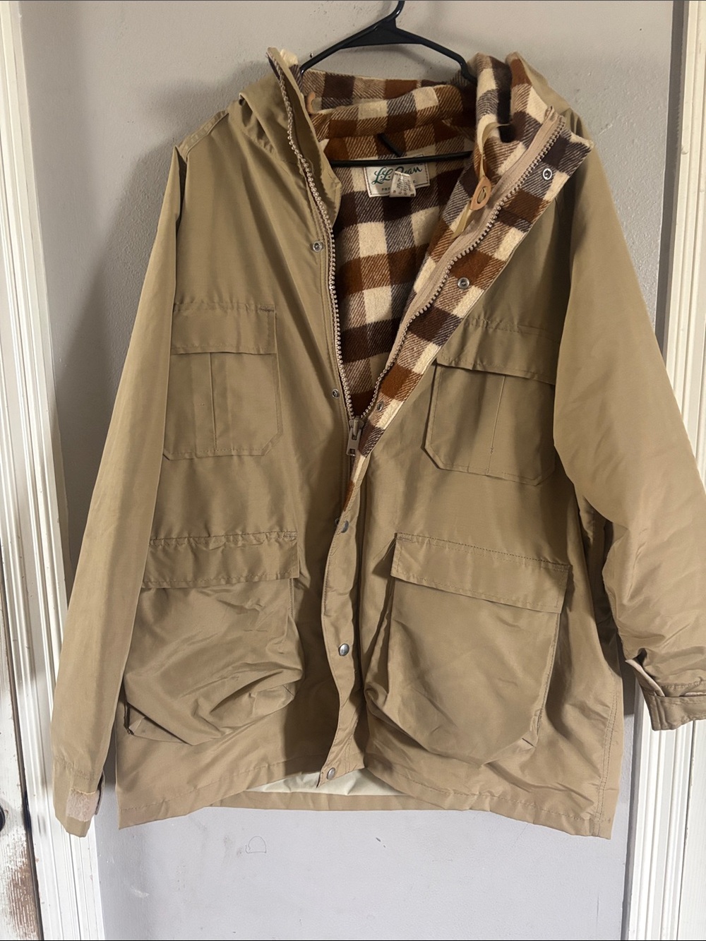L.L. Bean Tan Hooded Field Jacket with Brown & Cream Plaid Lining